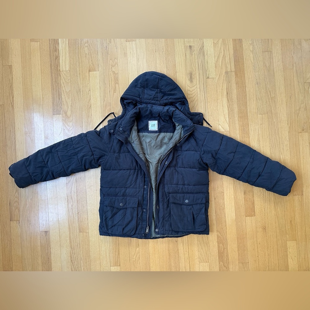 GAP PRIMALOFT SKI JACKET SIZE LARGE NAVY BLUE SHELL GRAY GREEN INNER LINNING
